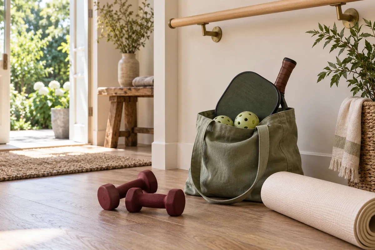 Pickleball equipment, dumbbells and a mat beside a wooden barre.