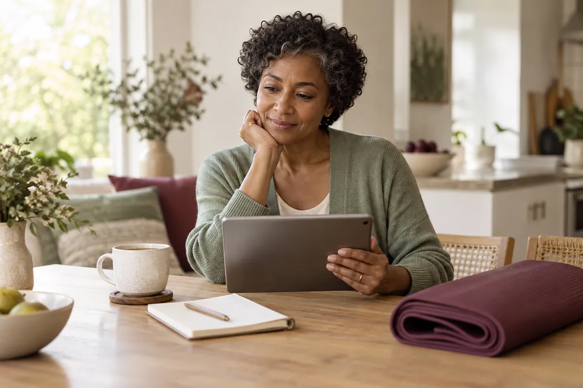 A woman considers workout options on a tablet beside a notebook and exercise mat.