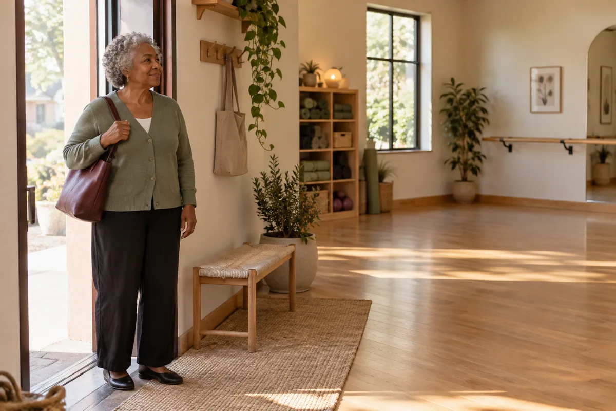 An older woman pauses at a bright studio entrance with a solid wooden barre in the background.
