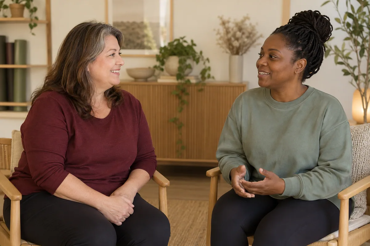 A seated middle-aged woman discusses class arrangements with a facilitator in a warm studio.