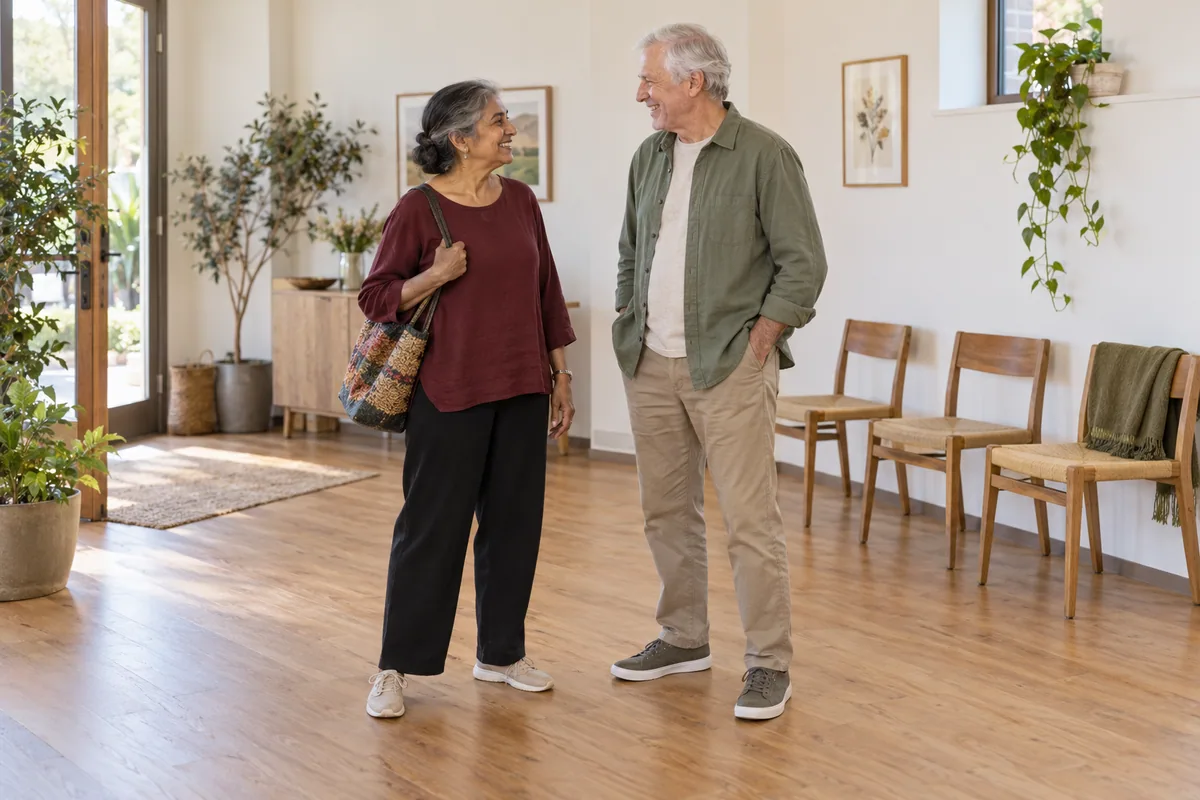 Two older friends greet each other in a clear community room with stable chairs nearby.