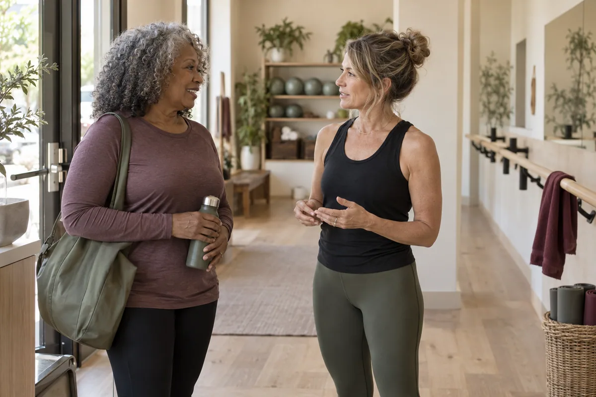 A woman in her late fifties talks with an instructor in a bright studio before class.