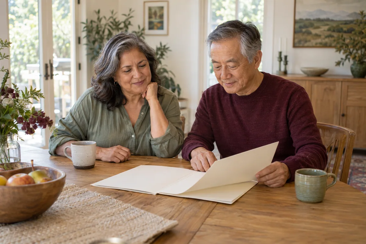 Two adults review an unmarked folder together at a sunlit oak table at home.