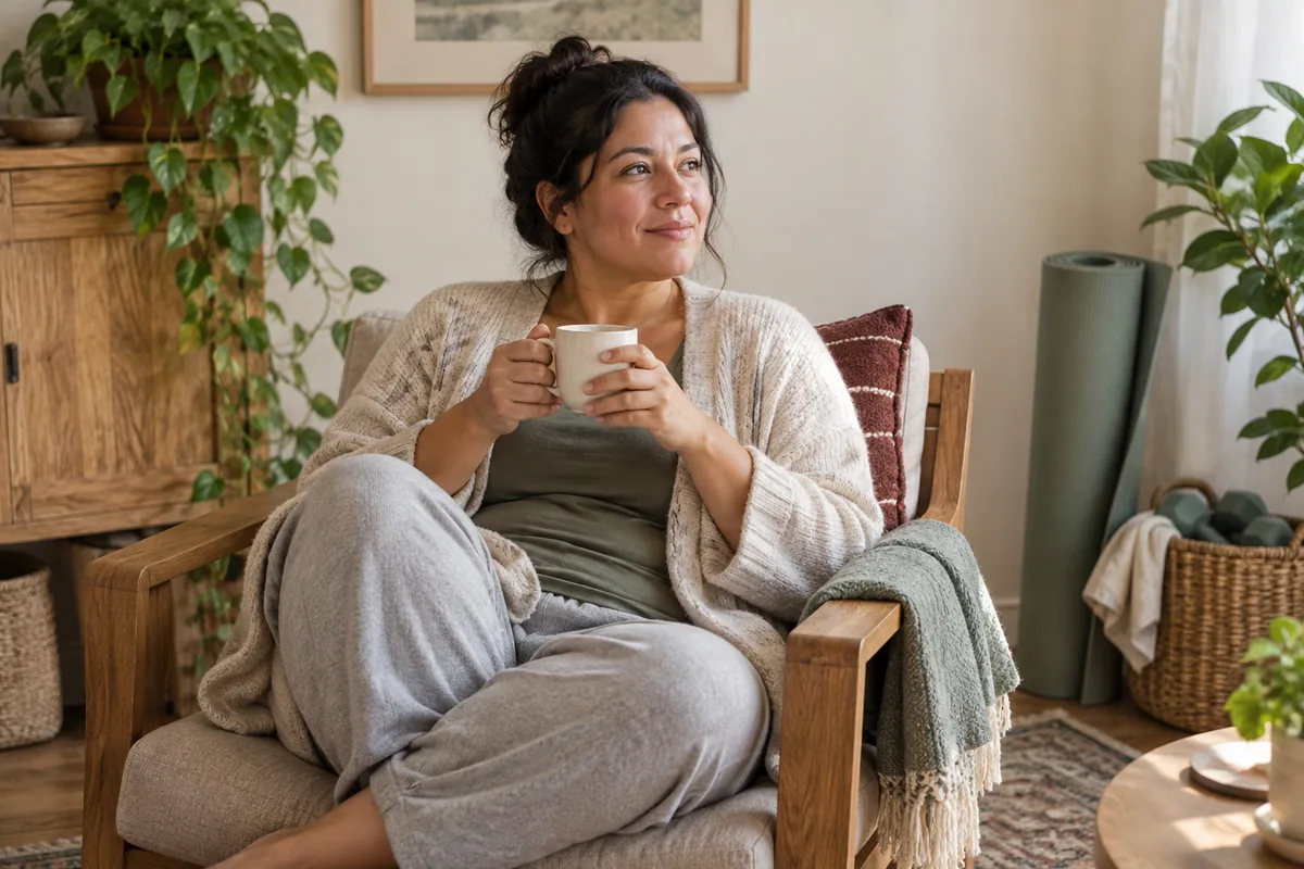 A parent resting in a bright living room beside neatly stored home fitness props.