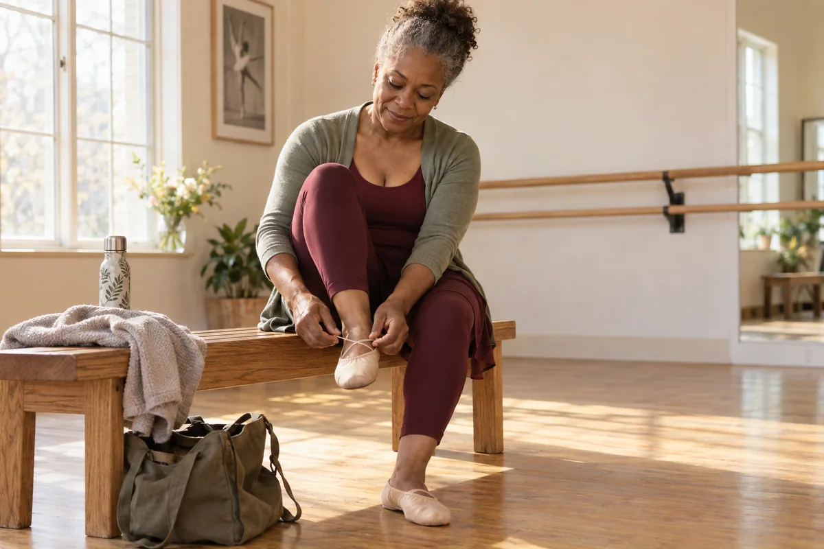 A mature adult dancer seated in a sunlit ballet studio adjusting a soft flat ballet slipper.