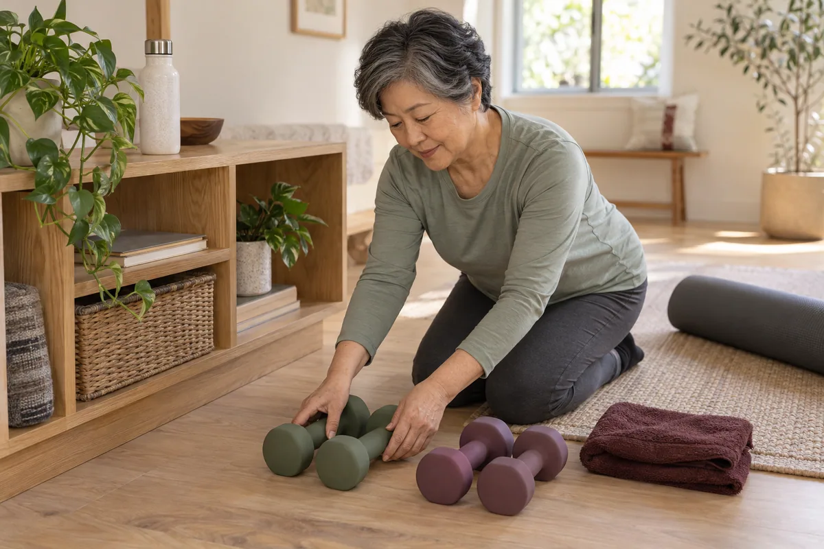 An older woman arranges plain dumbbells beside a shelf in a home exercise space.