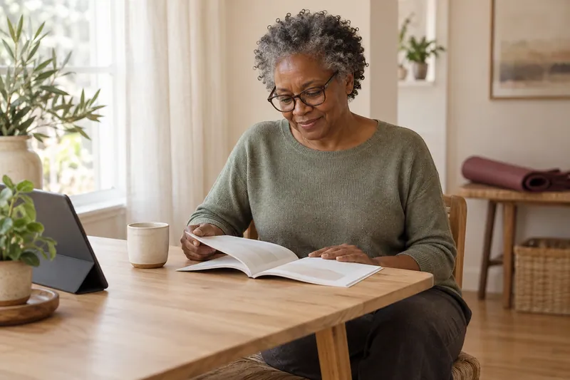 A woman reads an unmarked guide at an oak table beside her tablet and a rolled workout mat.