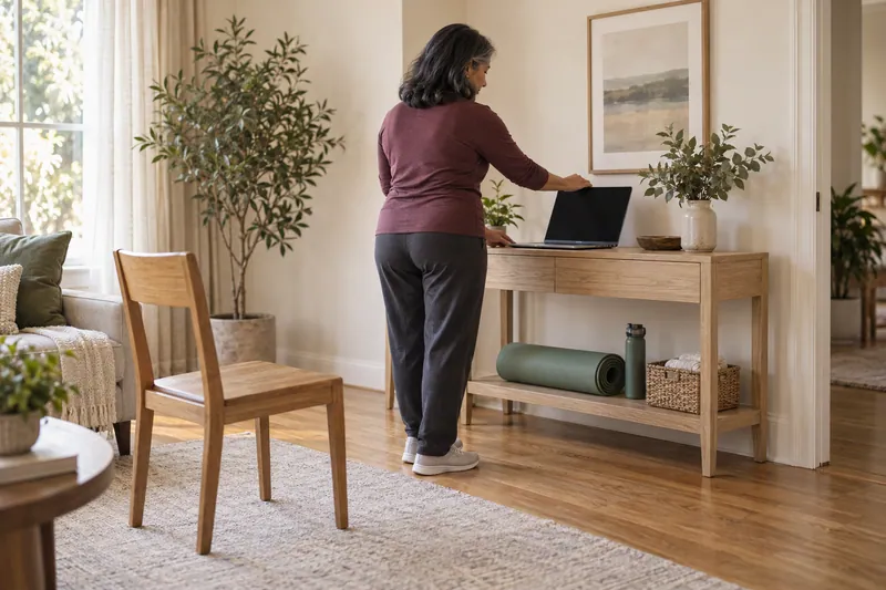 A woman positions a laptop beside a clear home workout space with a chair and rolled mat.