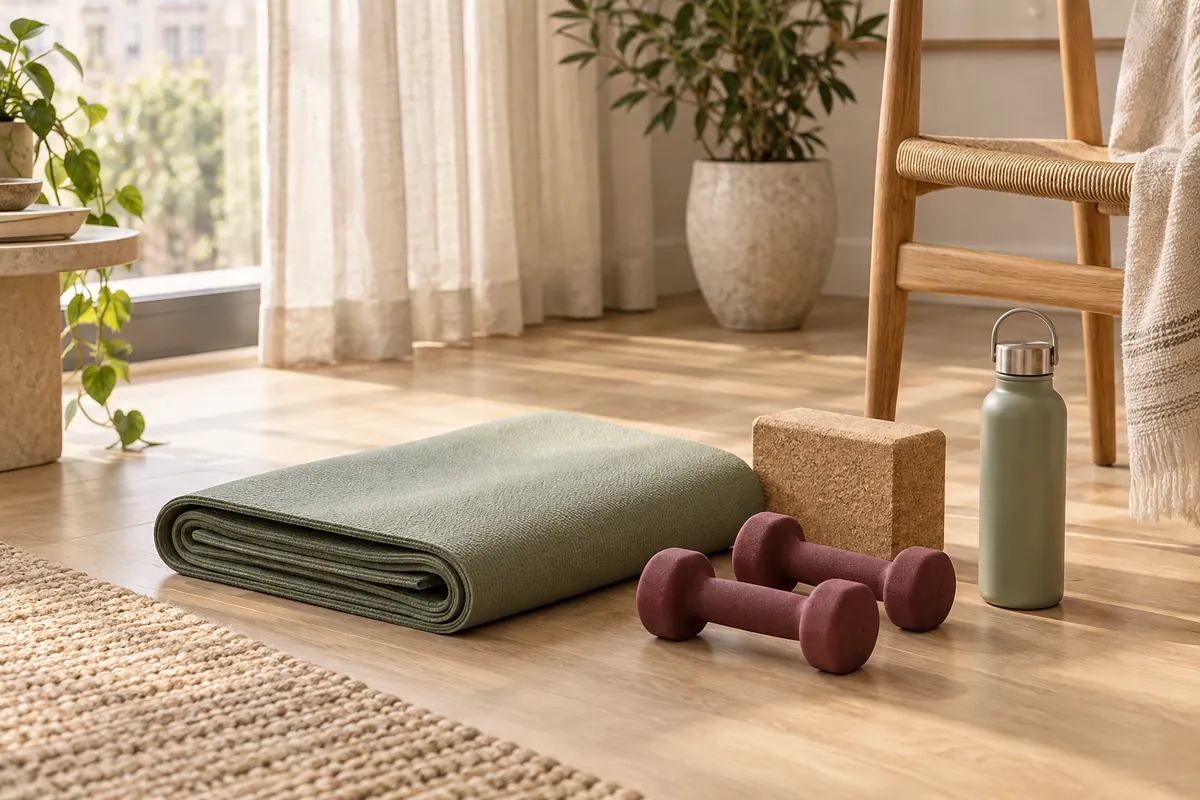 A folded mat, light weights, cork block and water bottle beside a wooden chair.
