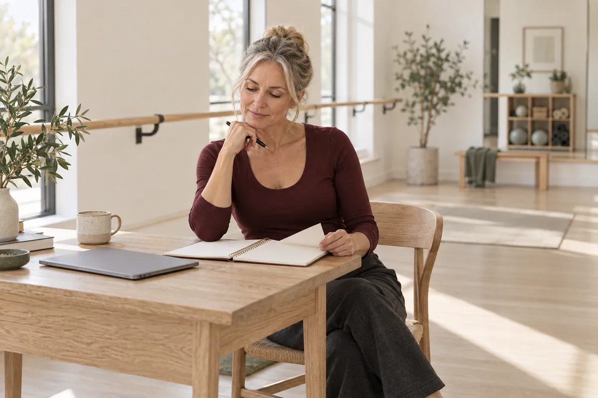 An instructor prepares notes at a desk in a bright barre studio.