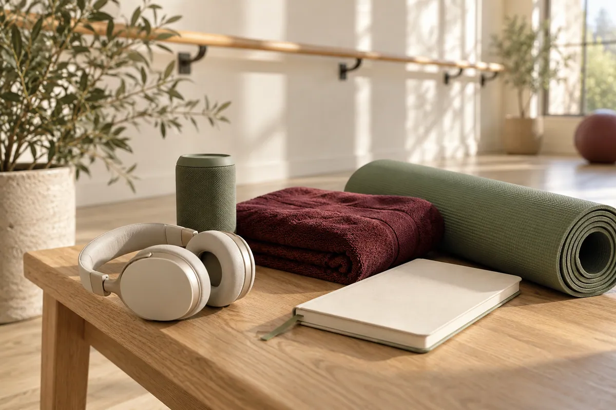 Headphones, a speaker, towel and mat beside a wooden studio barre.