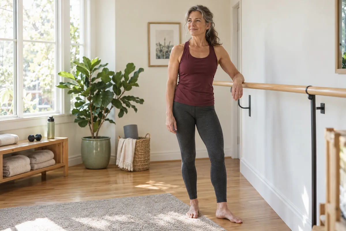 Woman standing beside a fixed wooden barre in a sunlit home exercise room.