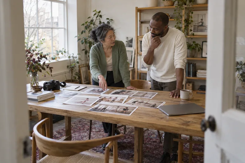 Two fictional editors discussing fitness photographs at an oak worktable.