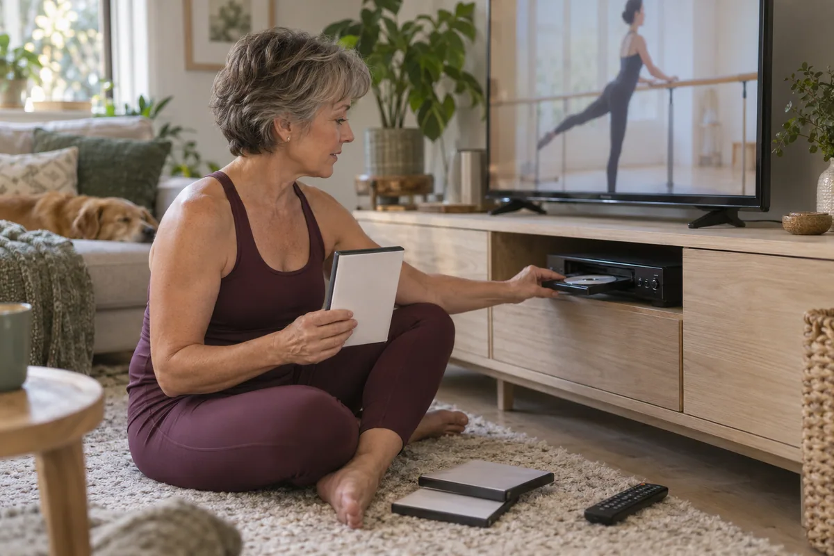 Woman choosing a home barre DVD beside a television and disc player.
