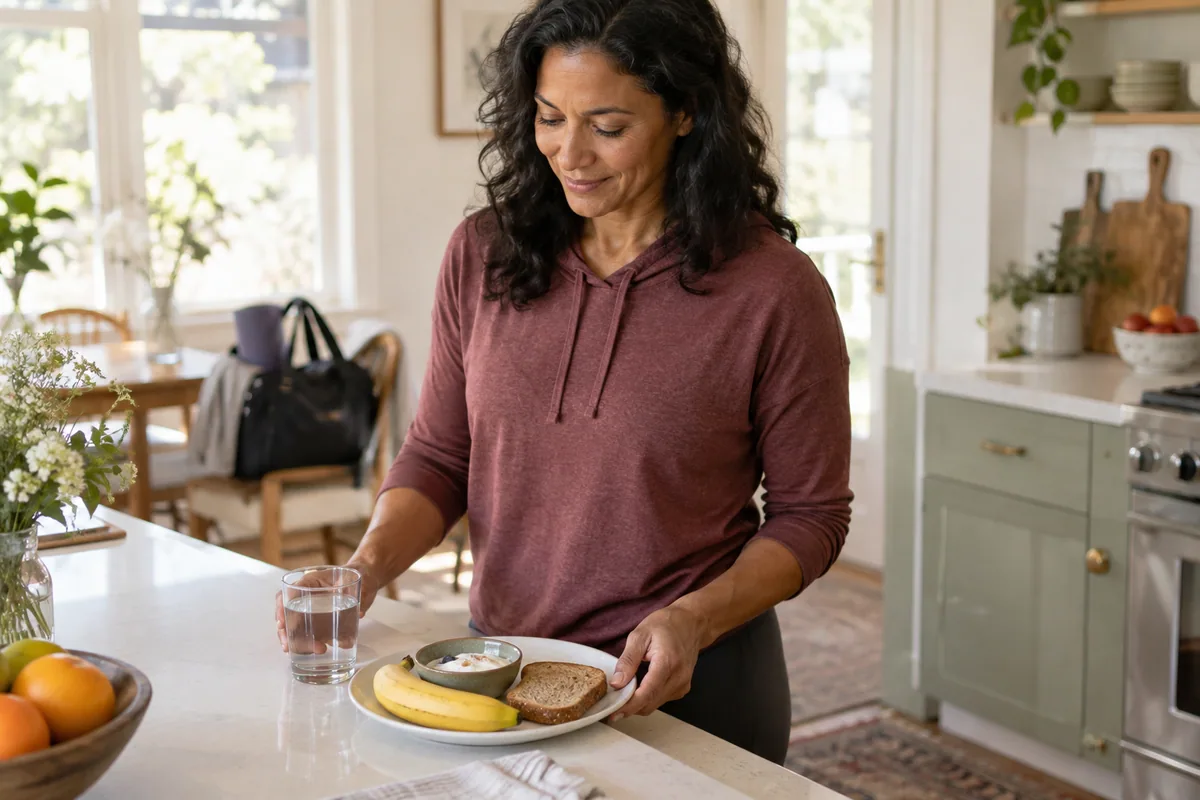 Woman placing an ordinary breakfast plate beside water before her planned activity.