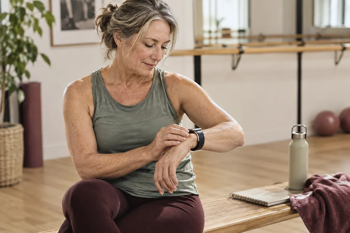 Woman reviewing her fitness watch after class, with the display unreadable.