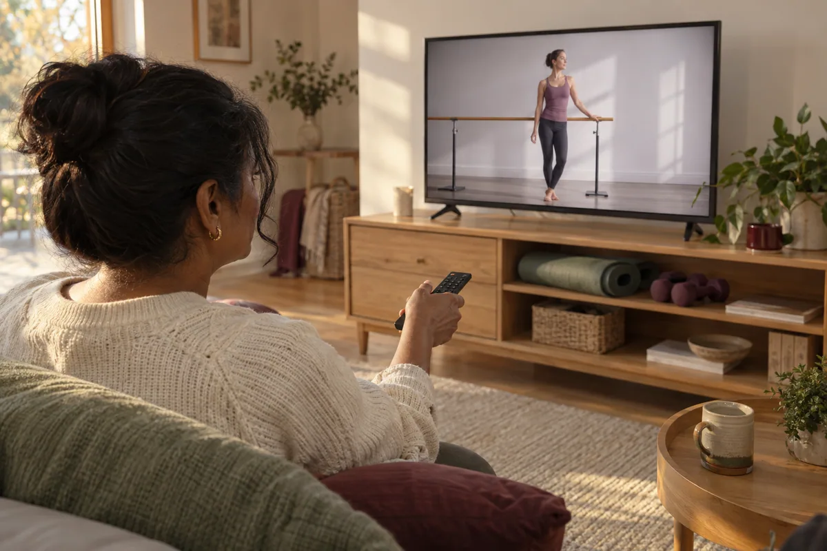 Woman previewing a barre recording on her television before choosing a session.