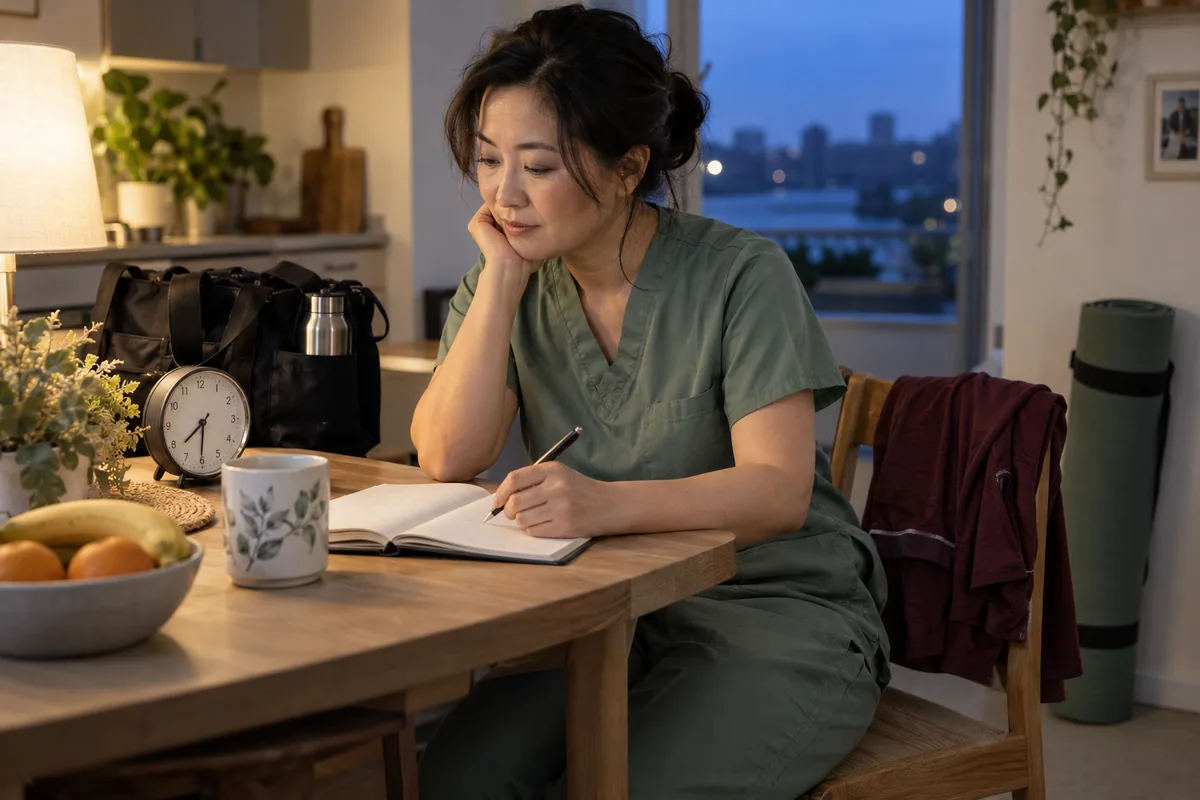 Healthcare worker planning activity around her shift at a kitchen table at dusk.
