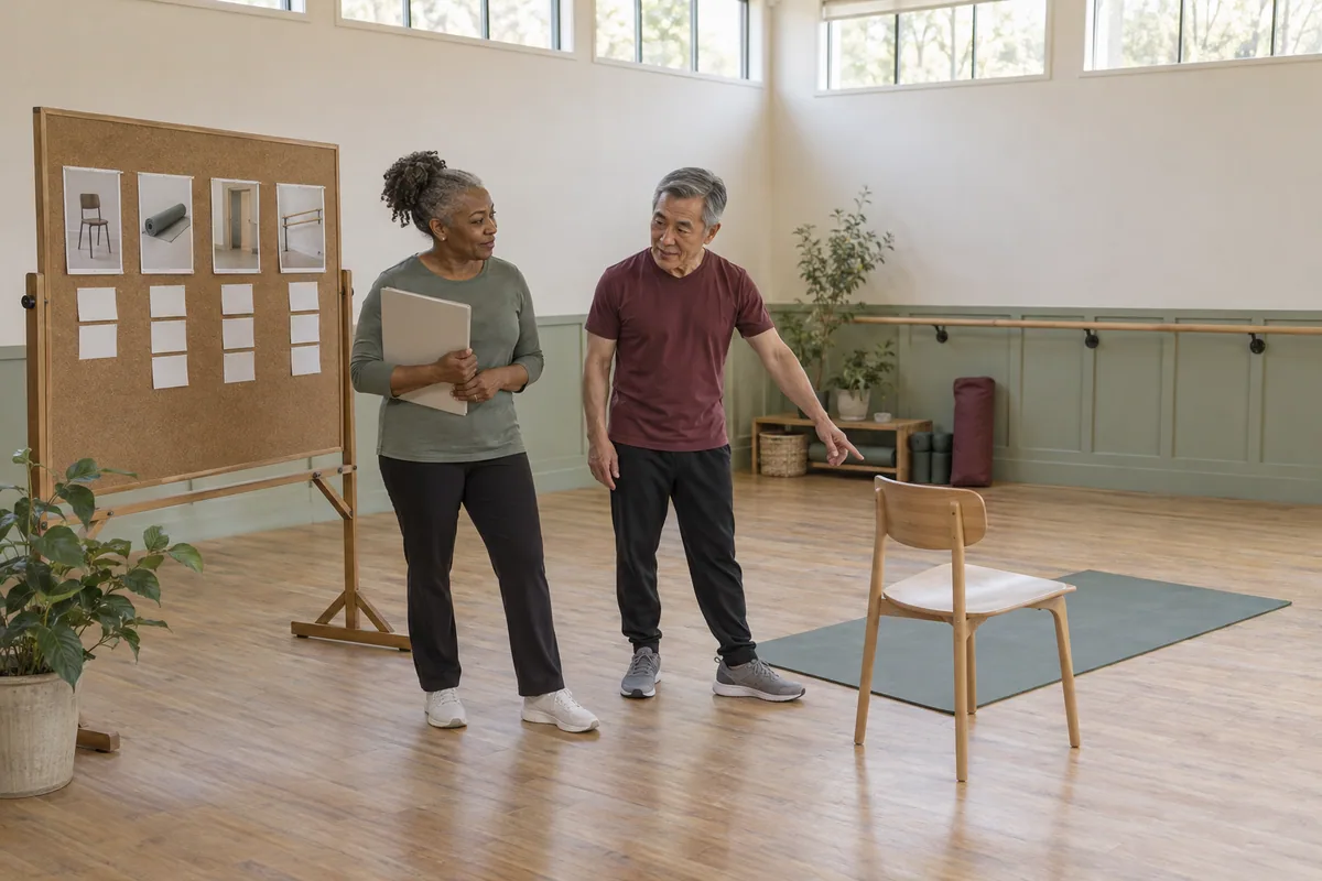 Two instructors planning room layout and participation options before a class.
