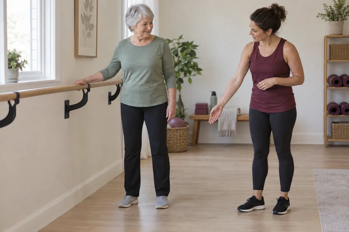 Adult participant discussing stable barre support and clear practice space with a trainer.