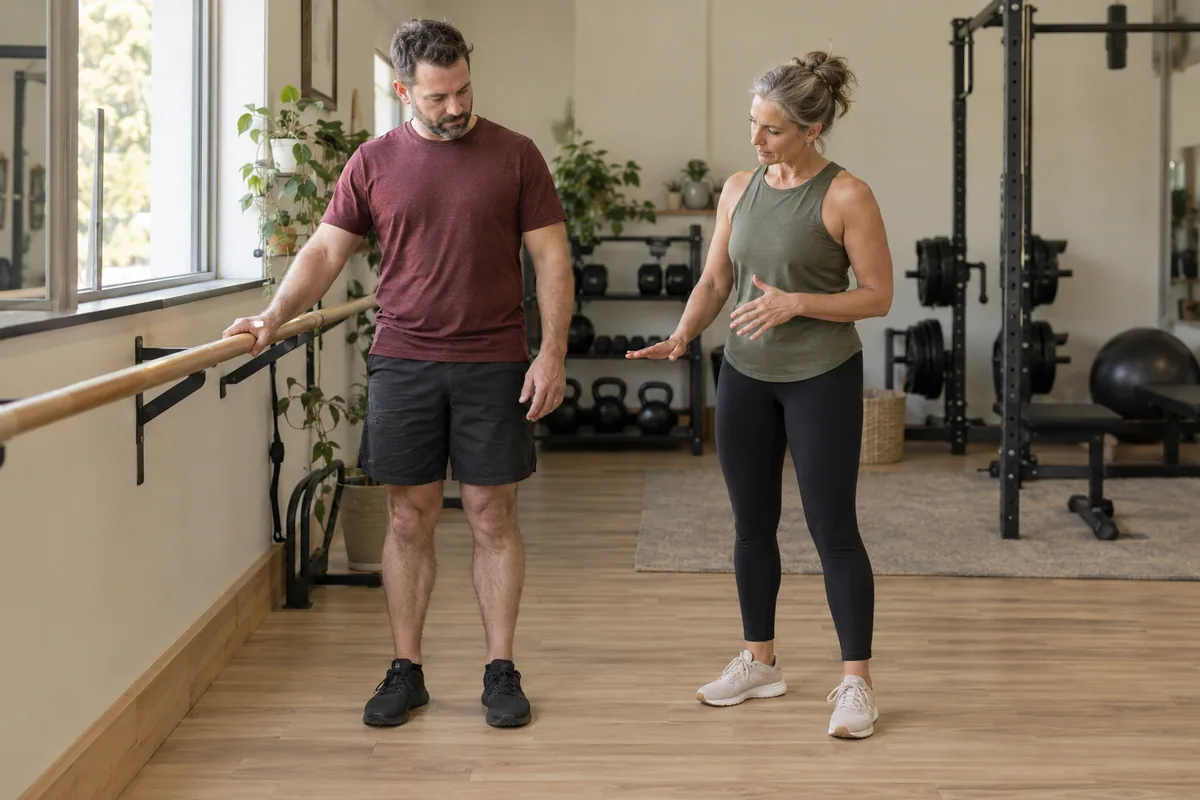 Strength-training participant listening to a coach beside a barre in a mixed-use gym.