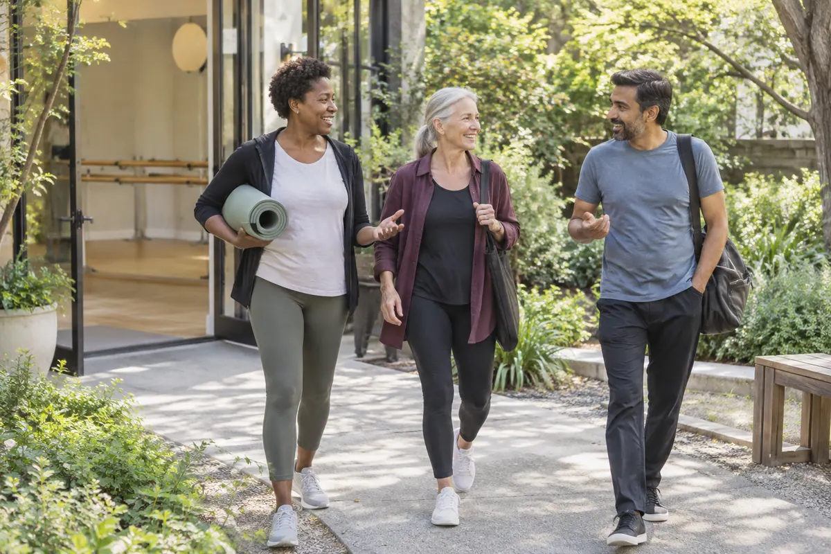 Three adults chatting as they leave a neighborhood barre studio for a leafy courtyard.