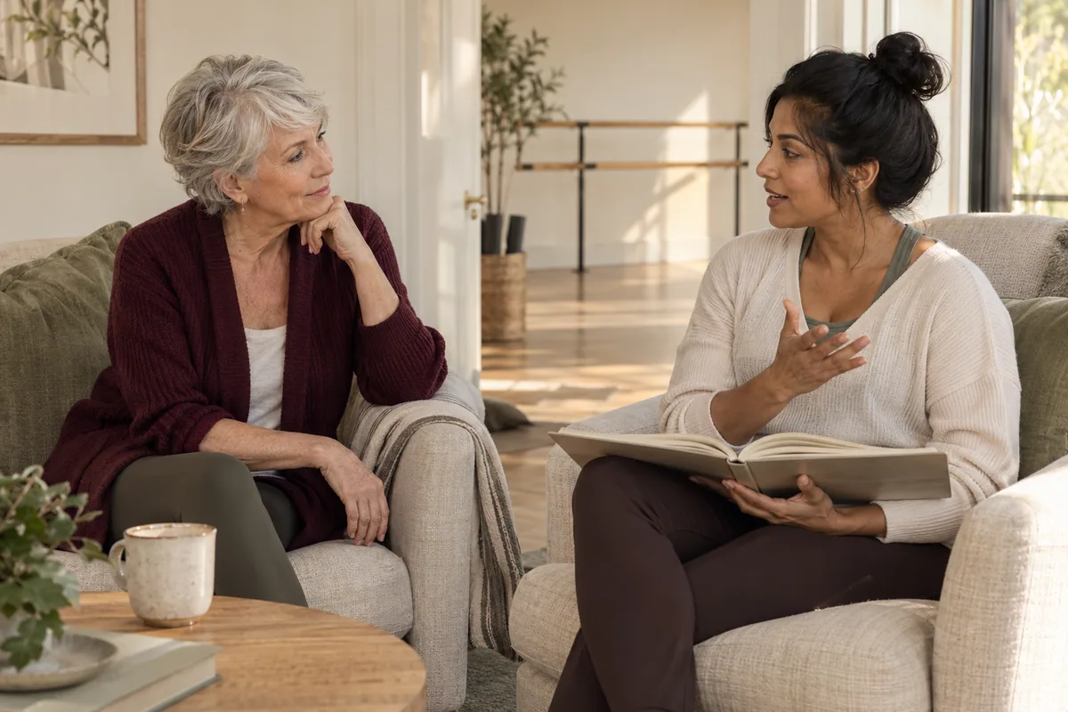 An instructor discussing a class cue with a participant over a reference book.