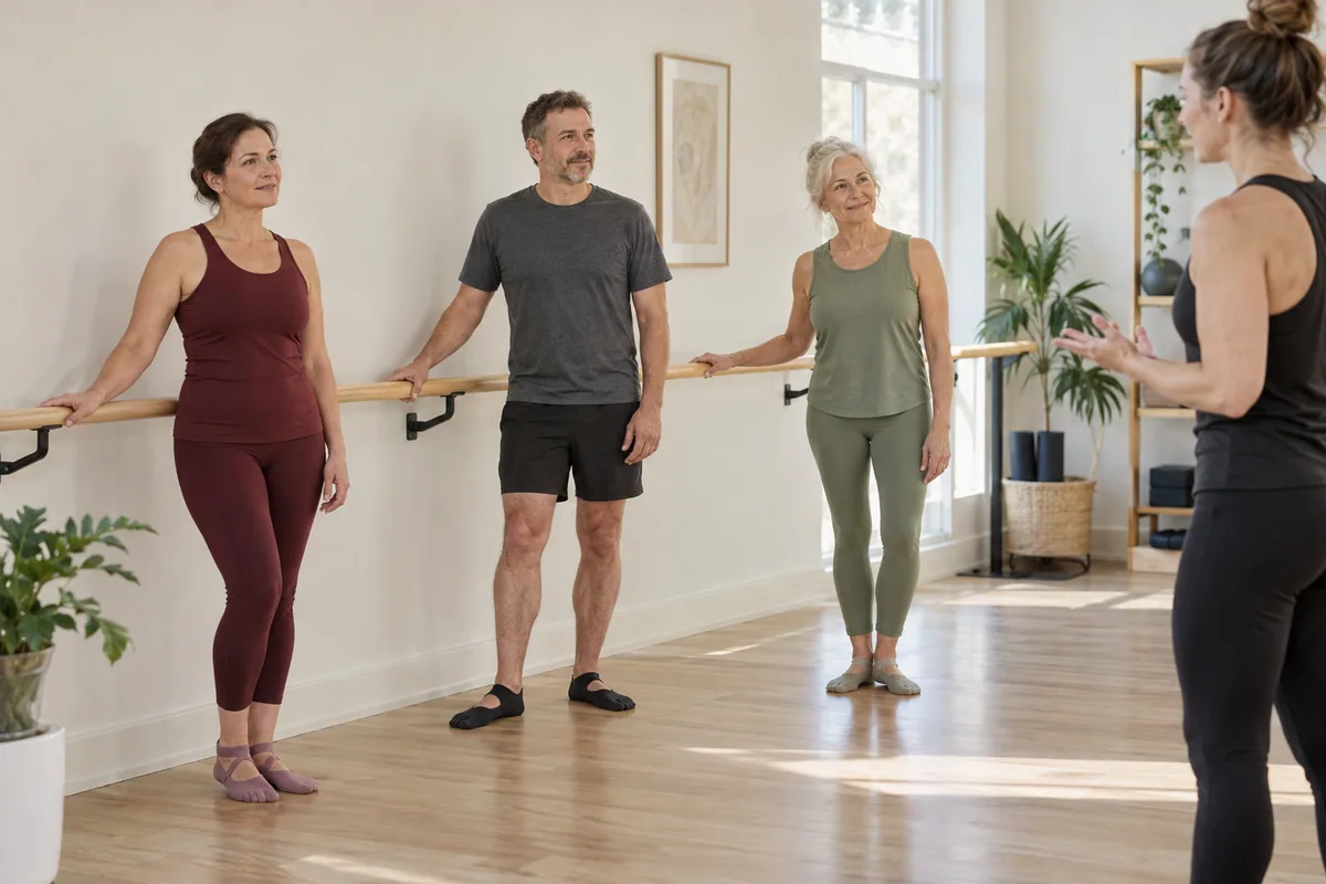 Small group of adult beginners listening to a teacher beside a studio barre.