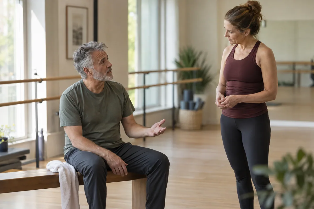 Participant resting on a studio bench while asking an instructor a question.