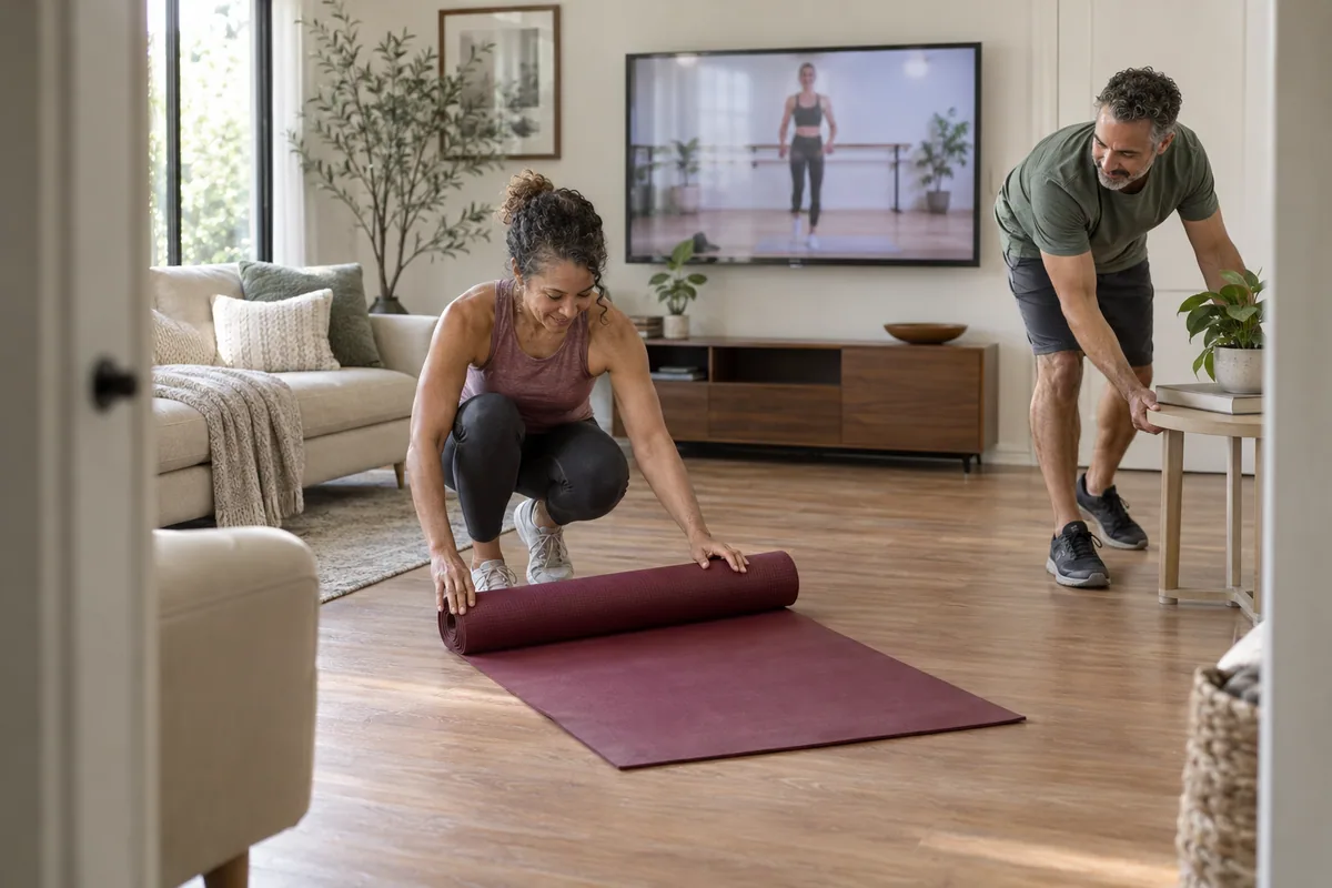 Couple clearing living-room space and unrolling a mat before a home workout recording.