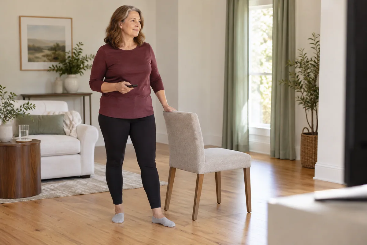 Beginner previewing a home barre video with a remote and stable chair nearby.