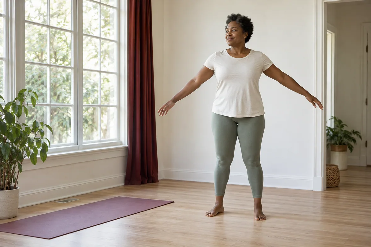 Woman checking open floor space for a home workout without weights or bands.