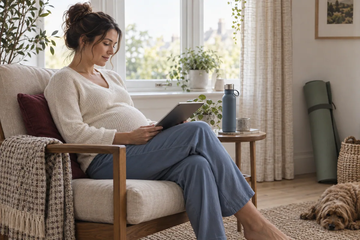 A pregnant adult reviews a tablet beside a window with a folded exercise mat nearby.