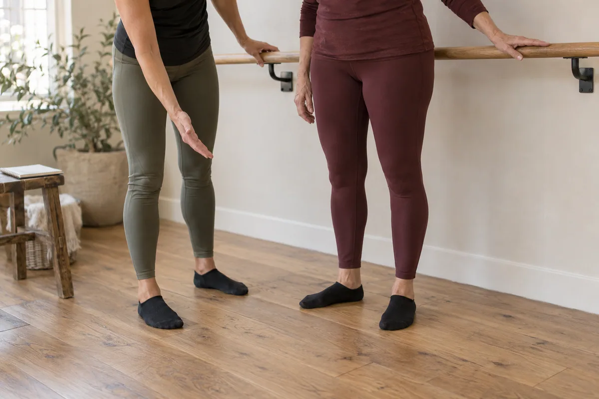 Close view of a teacher explaining a simple barre stance to an adult learner.