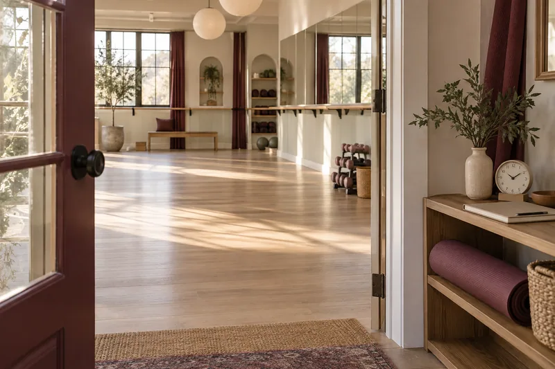 A welcoming studio entrance with a wooden barre, instructor planning materials and neatly arranged equipment.