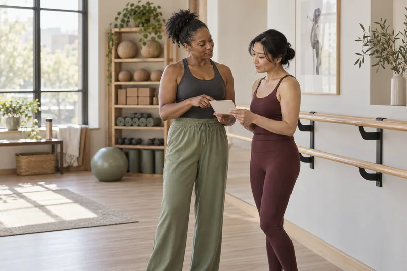 An experienced movement teacher and an adult learner discuss a class plan beside a studio barre.