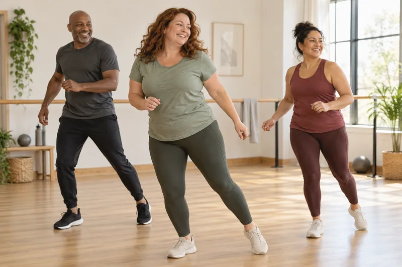 Three adults enjoy a light dance-fitness moment in a spacious studio with a ballet barre.