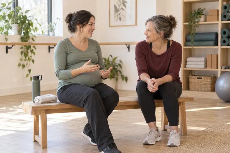 A pregnant adult and a fitness teacher talk while seated together in a movement studio.