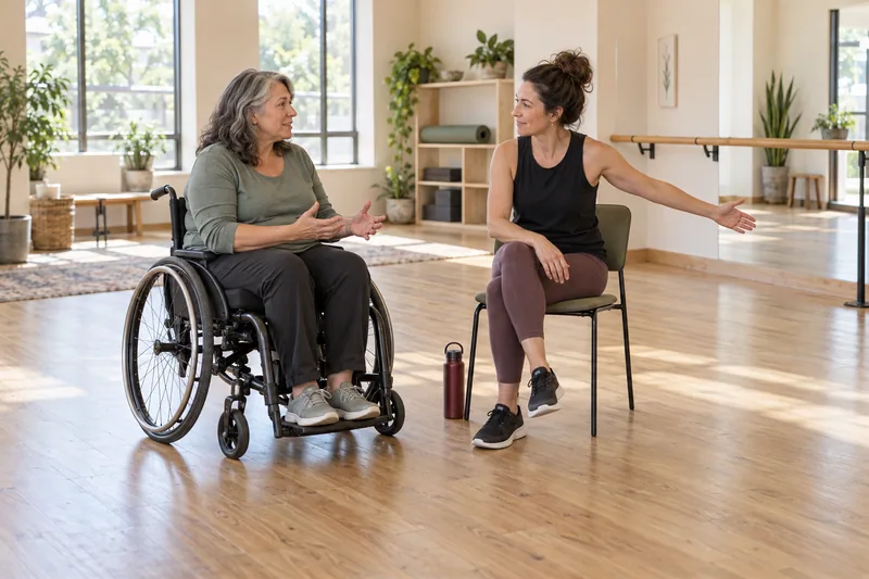 A wheelchair user and a fitness teacher discuss the layout of a clear, accessible studio space.