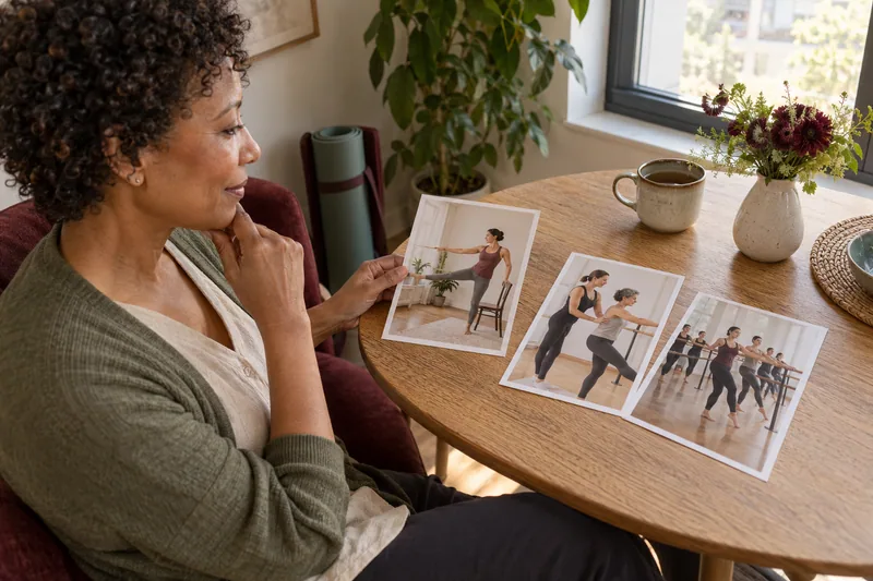 A woman considering three photographic options for beginning barre.