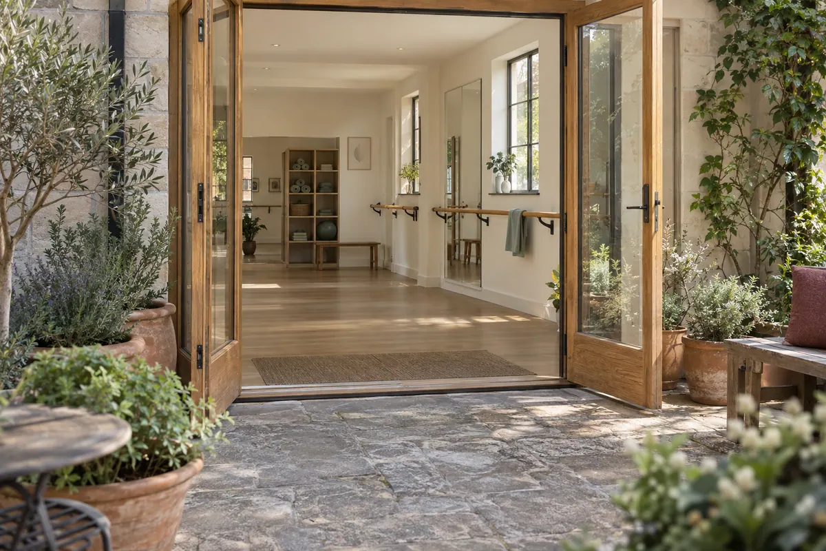 An inviting independent movement studio entrance with a barre visible inside.