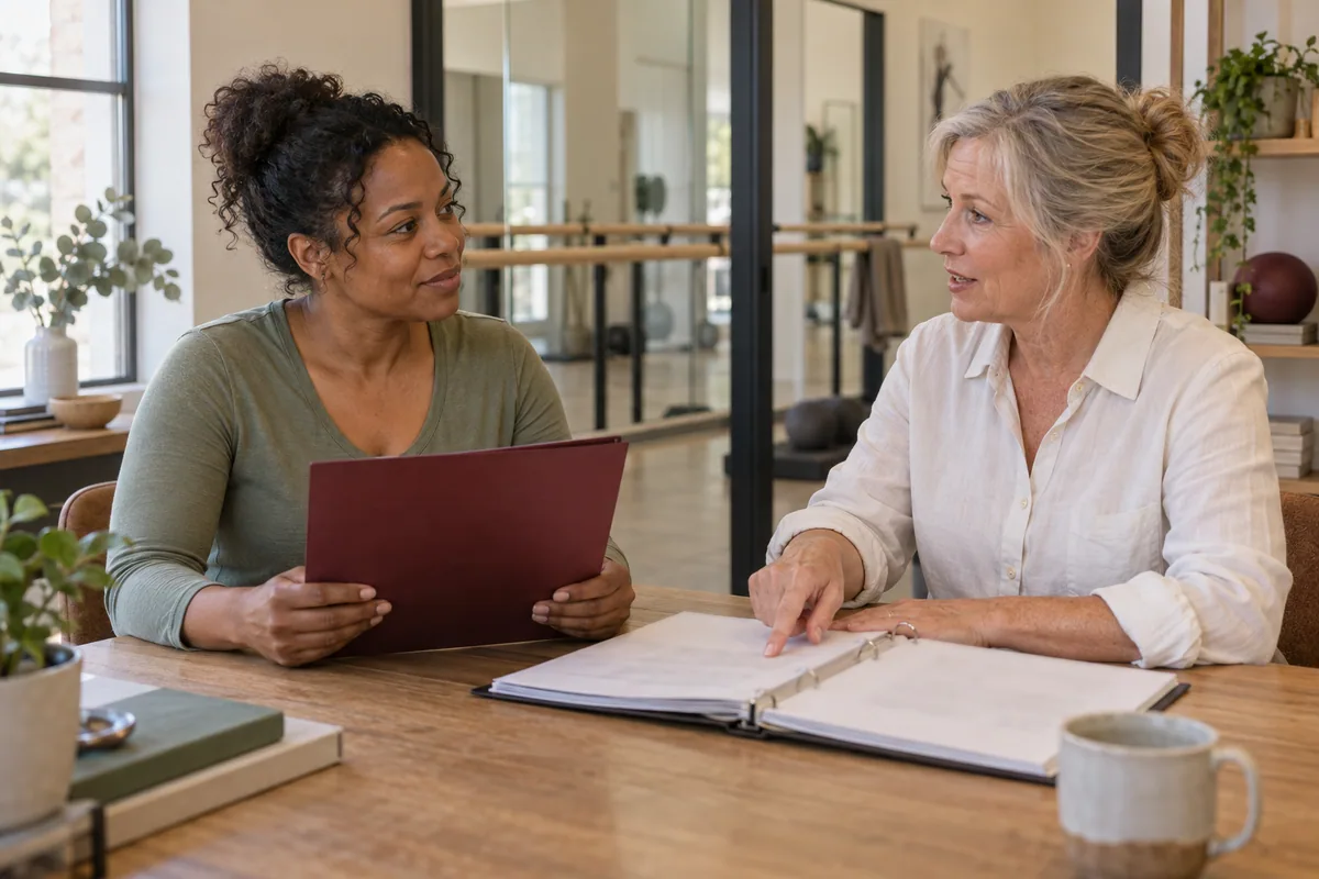 An aspiring barre teacher reviewing preparation materials with an experienced educator.