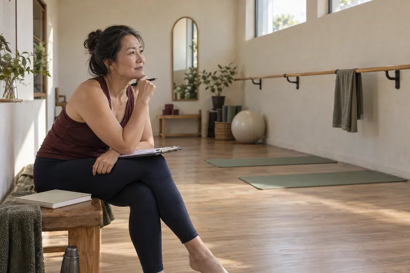 A barre instructor independently preparing a class plan before learners arrive.