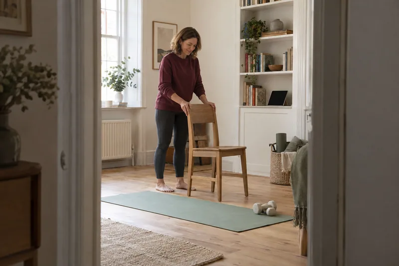 A woman preparing a clear home exercise area with a mat and stable chair.