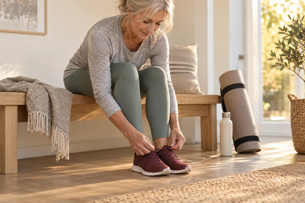 Woman tying athletic shoes beside a rolled exercise mat.