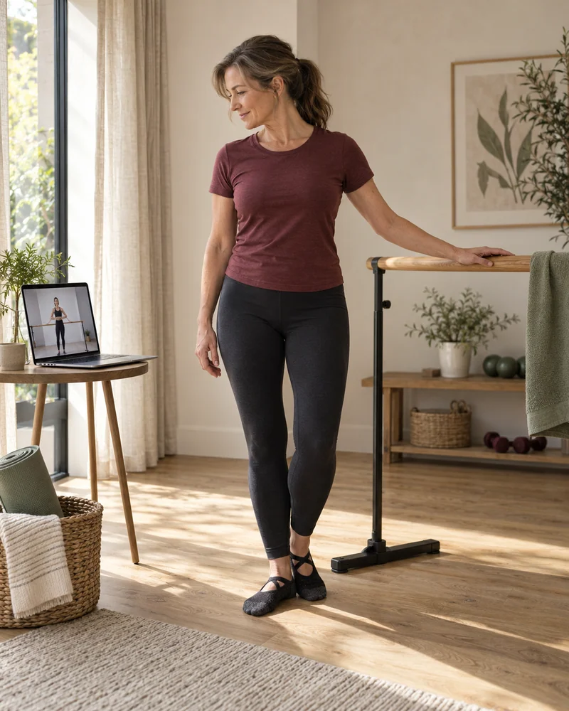 AI-generated editorial scene of a woman at a home barre with an instructor on her laptop.