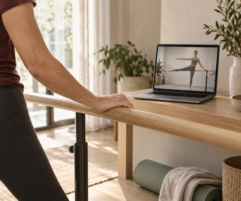 AI-generated editorial detail of a hand resting on a wooden barre beside a laptop showing online instruction.